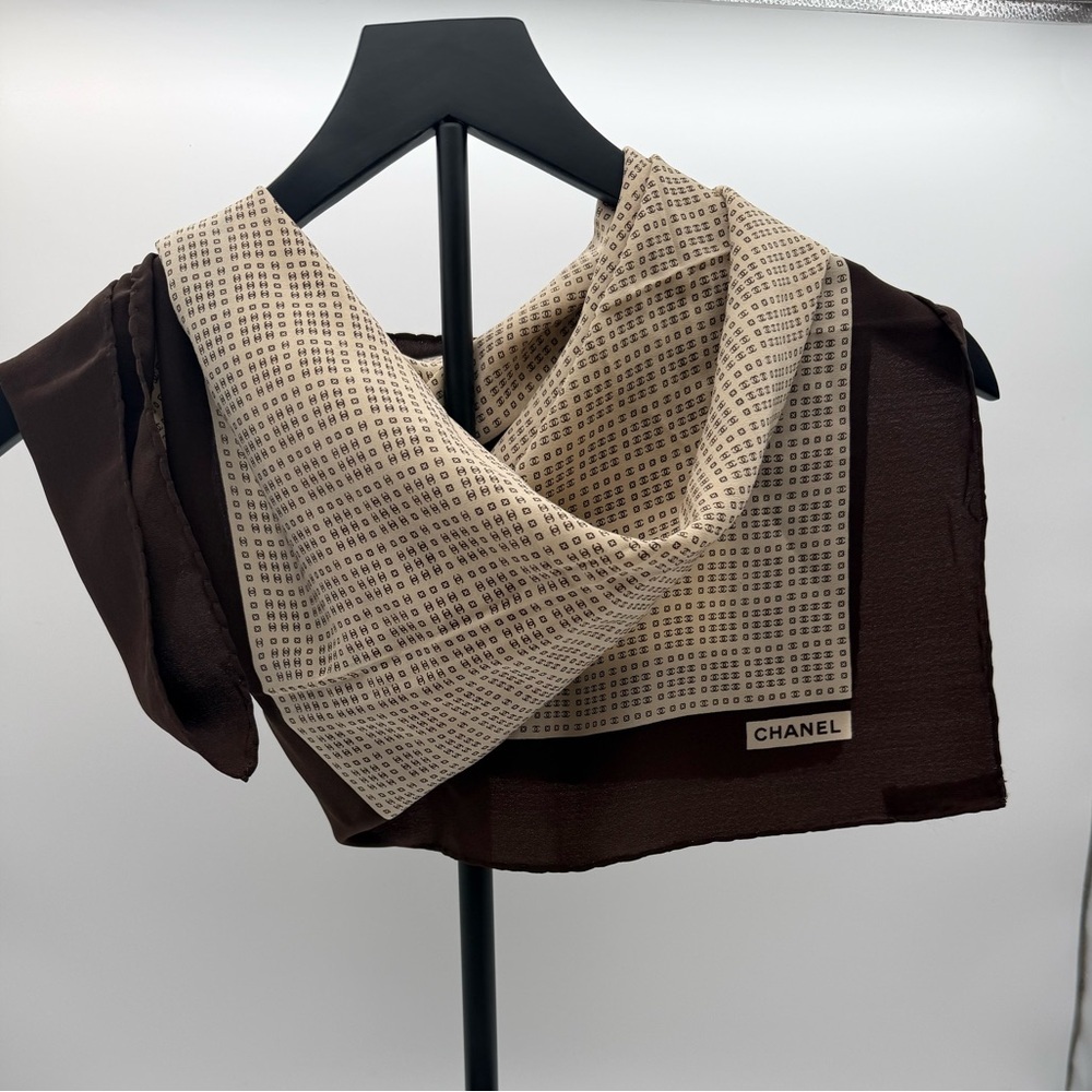 CHANEL Brown and Cream Logo-Print Silk Wrap